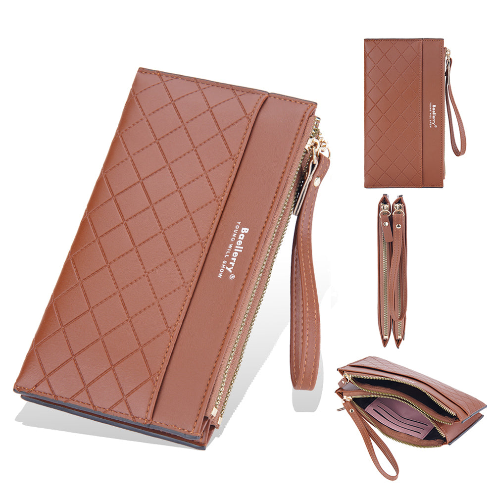 BAELLERRY N3238 Rhombus Stitching Lines Double Zipper Cellphone Clutch Women Purse PU Leather Long Wallet with Hand Strap BAELLERRY N3238 Rhombus Stitching Lines Double Zipper Cellphone Clutch Women Purse PU Leather Long Wallet with Hand Strap